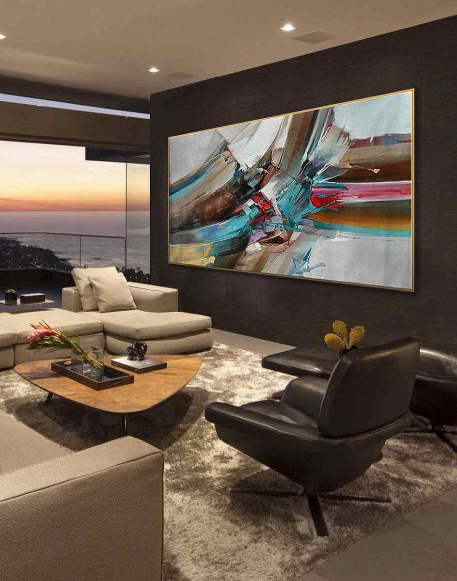 Color Handmade Umber Contemporary Blue Abstract Canvas Wall Art 97WHQ